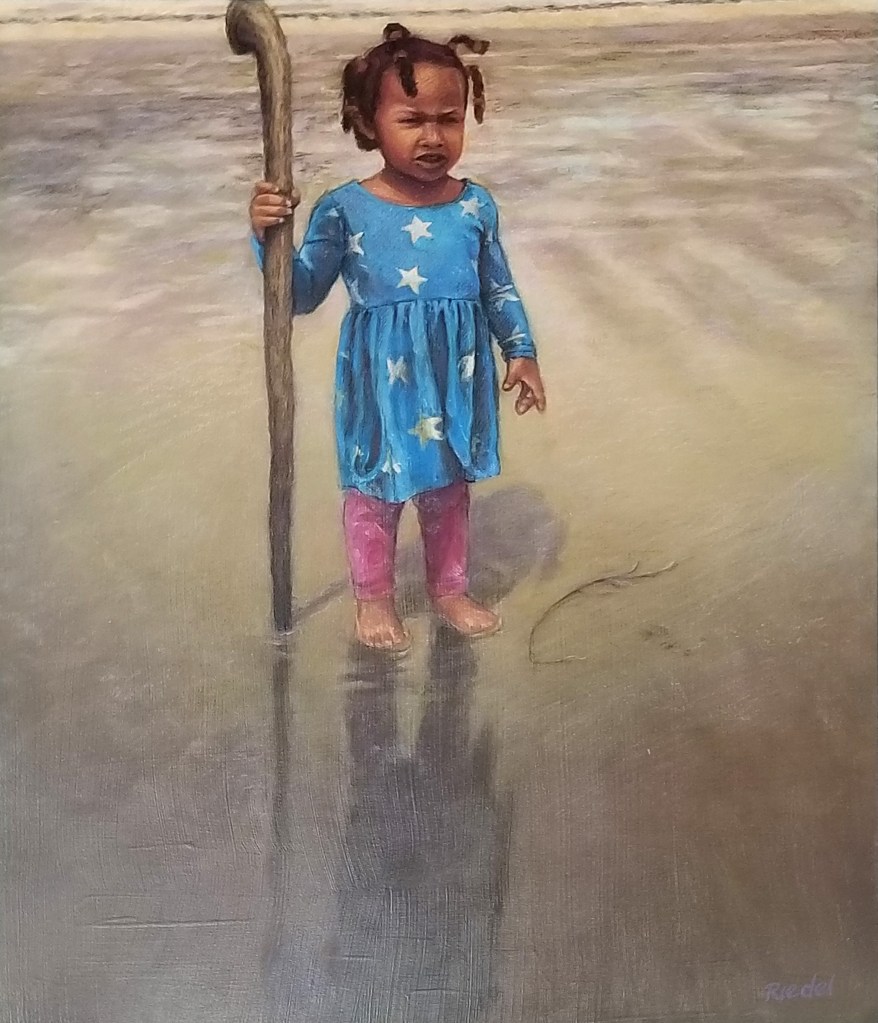 Kaiya at Revere Beach - 2020, oil on Masonite board by Tina Riedel